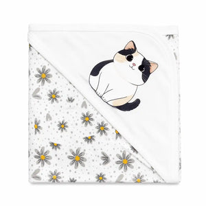 Snow white baby hooded wrapping sheet with cute kitty illustration and grey floral print, 30 × 30 inches