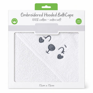 White 100% cotton hooded baby bath towel with embroidered design, 75 x 75 cm