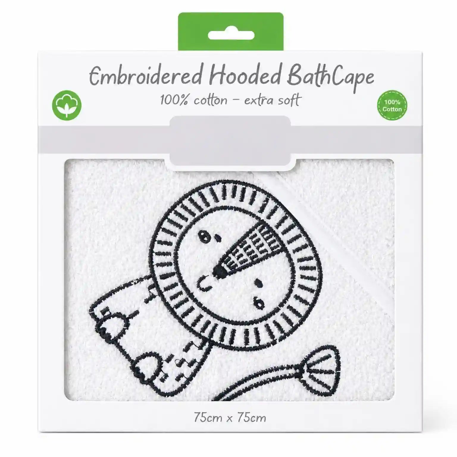 White hooded baby bath towel with cute printed design for newborns, 75 x 75 cm