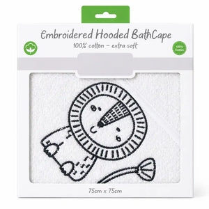 White hooded baby bath towel with cute printed design for newborns, 75 x 75 cm