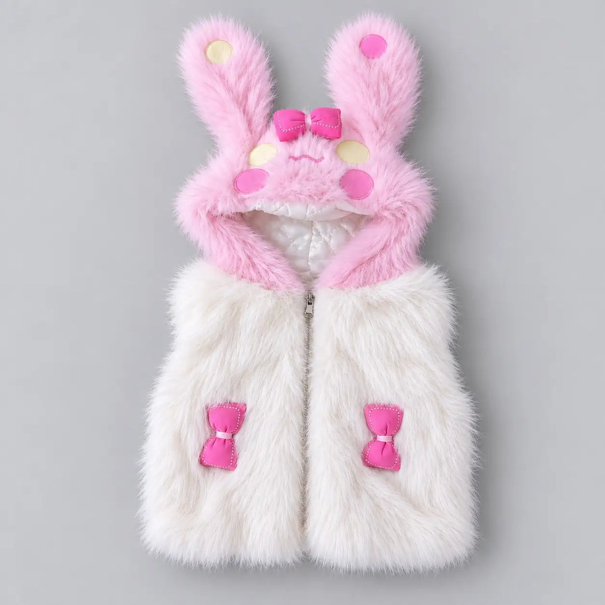 Girls white faux fur bunny hooded winter vest with pink fluffy ears, decorative bows and front zipper