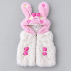 Girls white faux fur bunny hooded winter vest with pink fluffy ears, decorative bows and front zipper