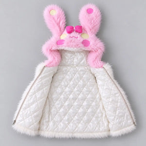 Girls white bunny hooded fur vest opened to show diamond-quilted inner lining, pink bunny ears and zipper closure