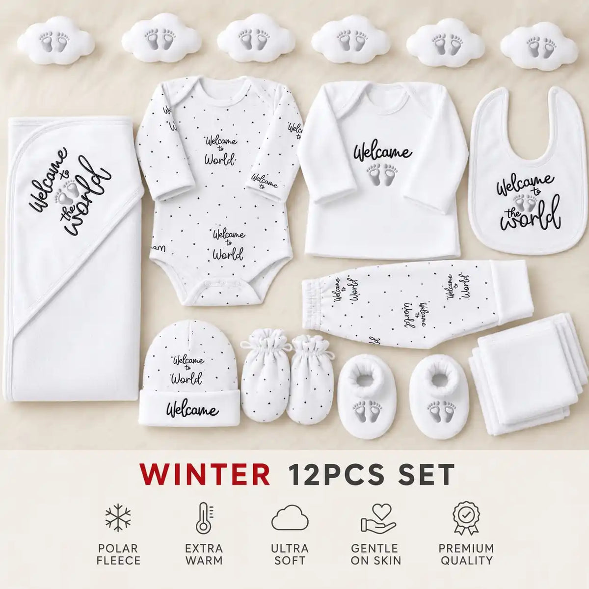 Black and White 12 PCS Newborn Winter Baby Gift Set with T-Shirt Bodysuit Pant Blanket Bib Hat Mittens Booties and Washcloths