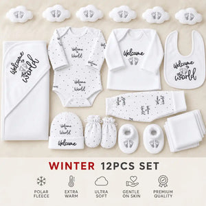 Black and White 12 PCS Newborn Winter Baby Gift Set with T-Shirt Bodysuit Pant Blanket Bib Hat Mittens Booties and Washcloths