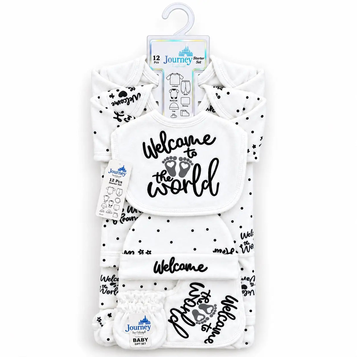 12 PCS Winter Baby Starter Set in Black and White Polar Fleece with Welcome to the World Print for 0–6 Months