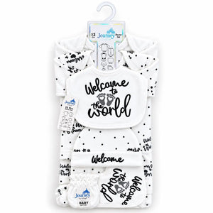 12 PCS Winter Baby Starter Set in Black and White Polar Fleece with Welcome to the World Print for 0–6 Months