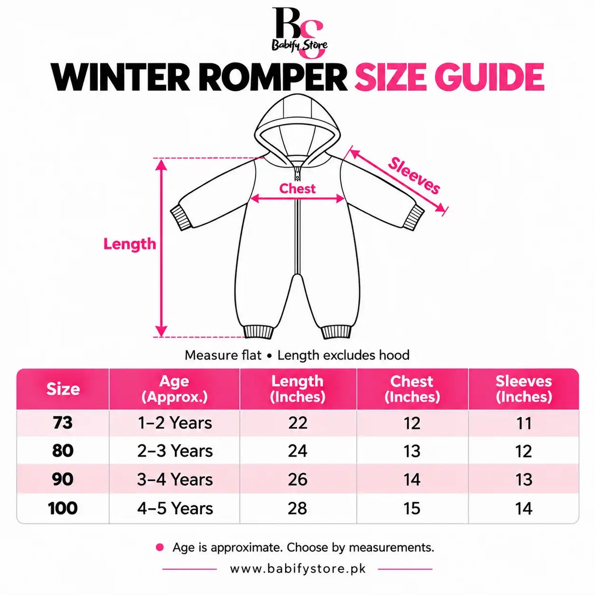 Hooded Parachute Puffer Winter Baby Romper Size Chart in Inches