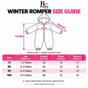 Hooded Parachute Puffer Winter Baby Romper Size Chart in Inches
