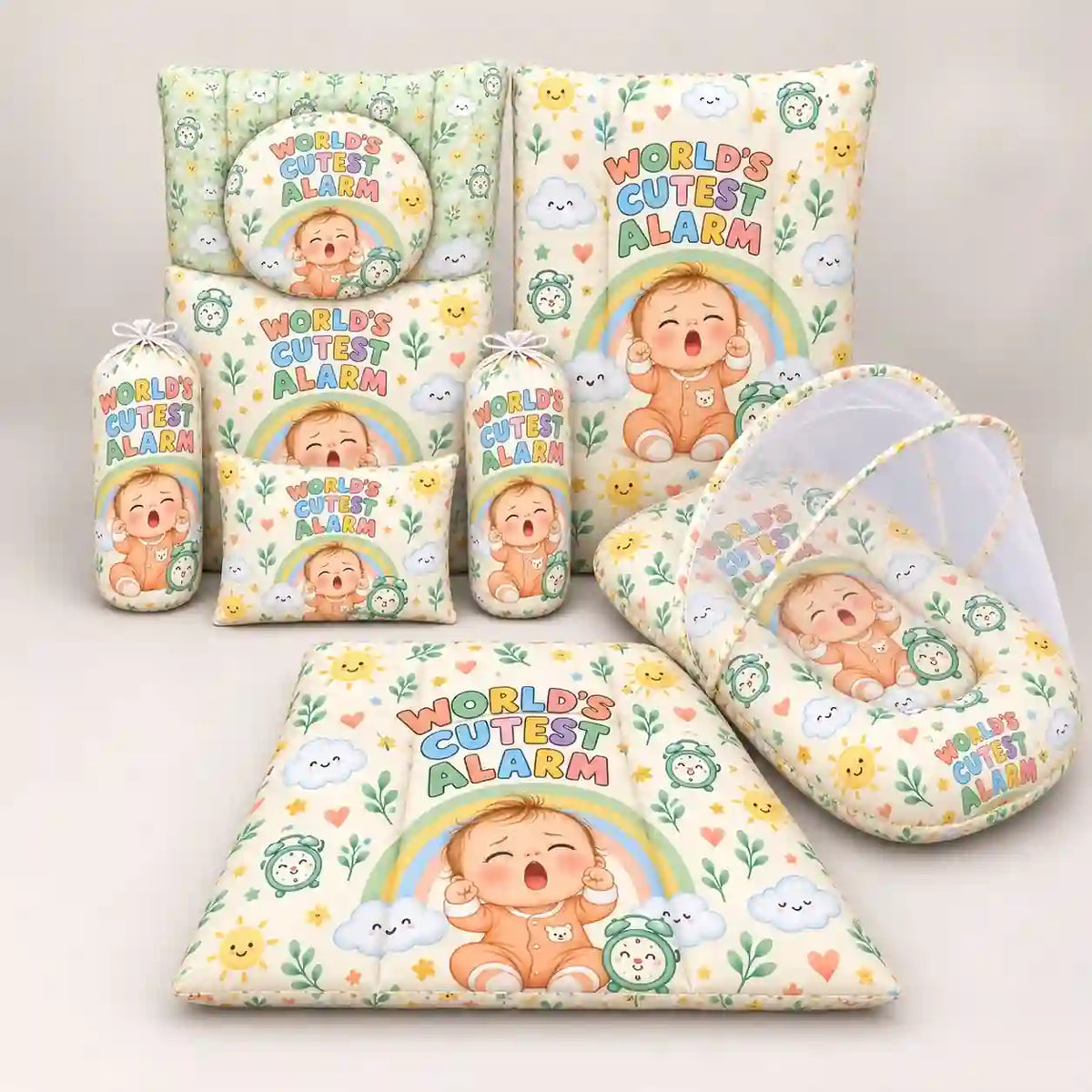 8-Piece Baby Bedding Set with Mosquito Net and Carry Nest World’s Cutest Alarm Print in Pakistan