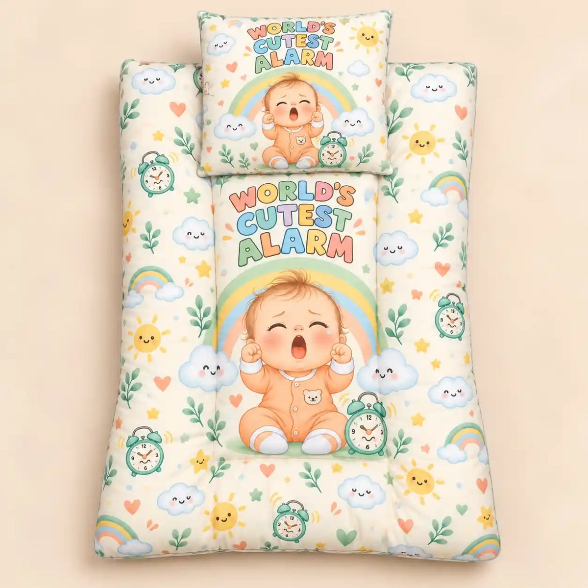 Cushioned Baby Mattress with World’s Cutest Alarm Rainbow and Cloud Print
