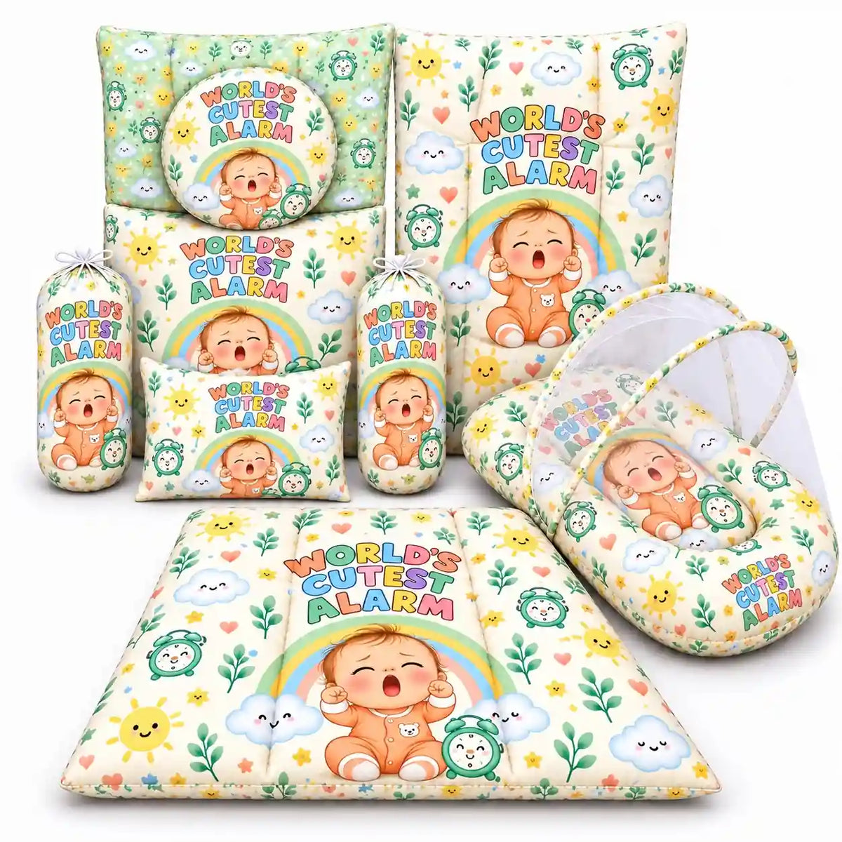 8-Piece Baby Bedding Set with Mosquito Net and Carry Nest World’s Cutest Alarm Print in Pakistan