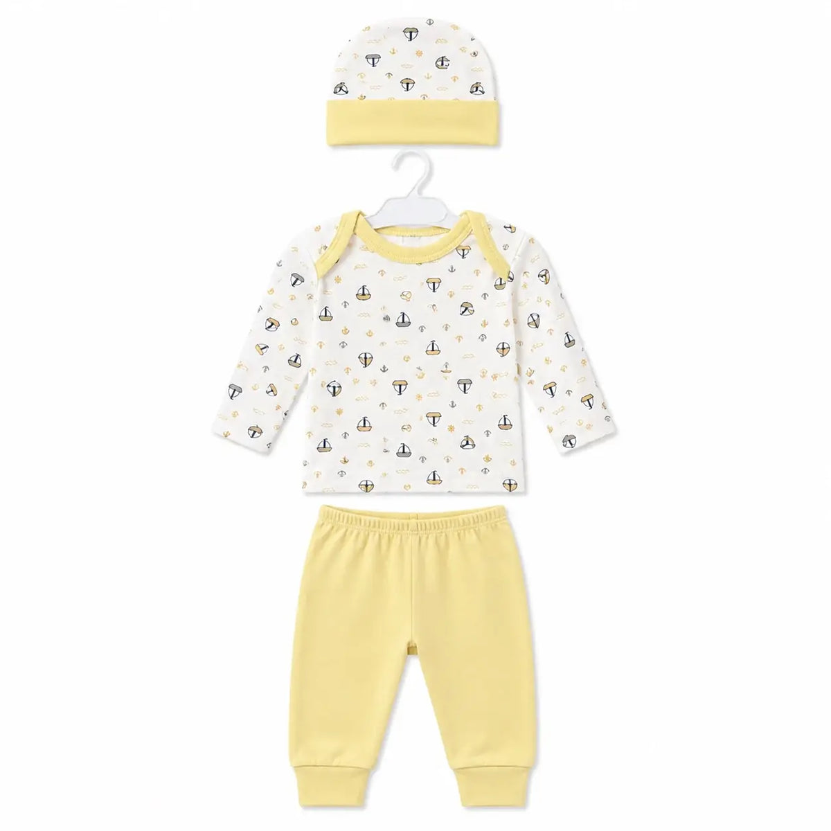 Yellow baby 3 piece sailboat print clothing set with long sleeve printed shirt, matching pants and cap