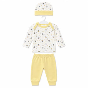 Yellow baby 3 piece sailboat print clothing set with long sleeve printed shirt, matching pants and cap