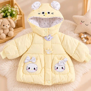 Girls Yellow Hooded Puffer Winter Jacket with Cute Character Pockets