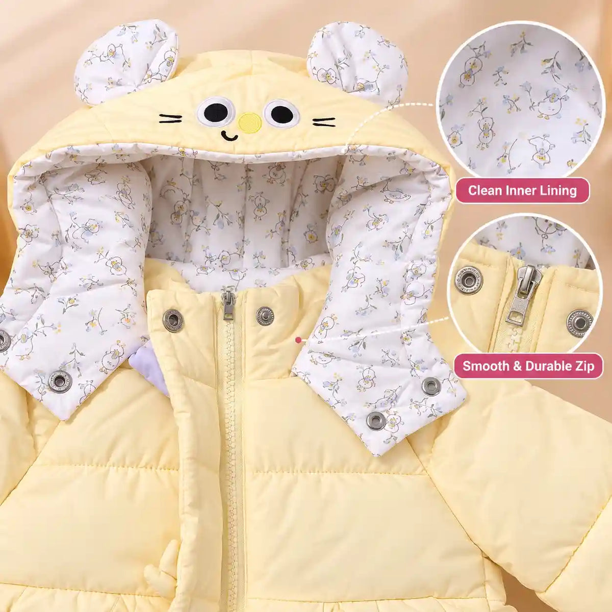 Girls Yellow Puffer Jacket Hood Inner Lining and Front Zip Detail