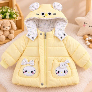 Girls Yellow Hooded Winter Puffer Jacket Front View