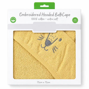Yellow 100% cotton hooded baby bath towel for infants, 75 x 75 cm