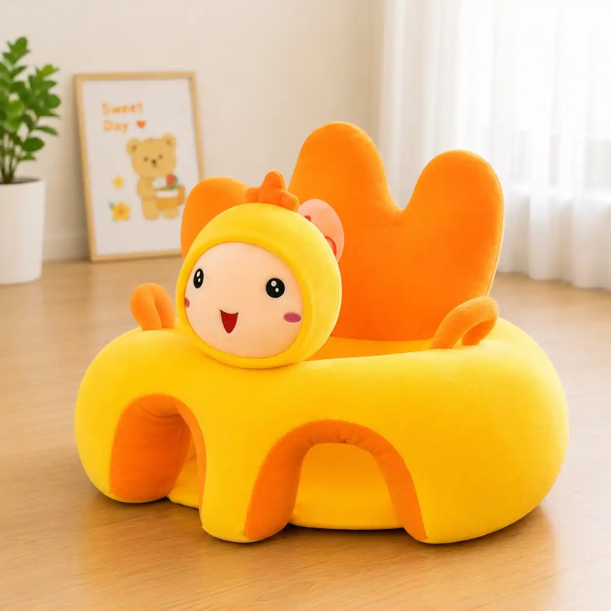Yellow chick baby plush sitting support sofa seat with soft velvet fabric and supportive backrest