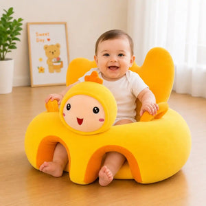 Baby sitting in yellow chick plush support sofa seat with soft back and side support for 6–24 months