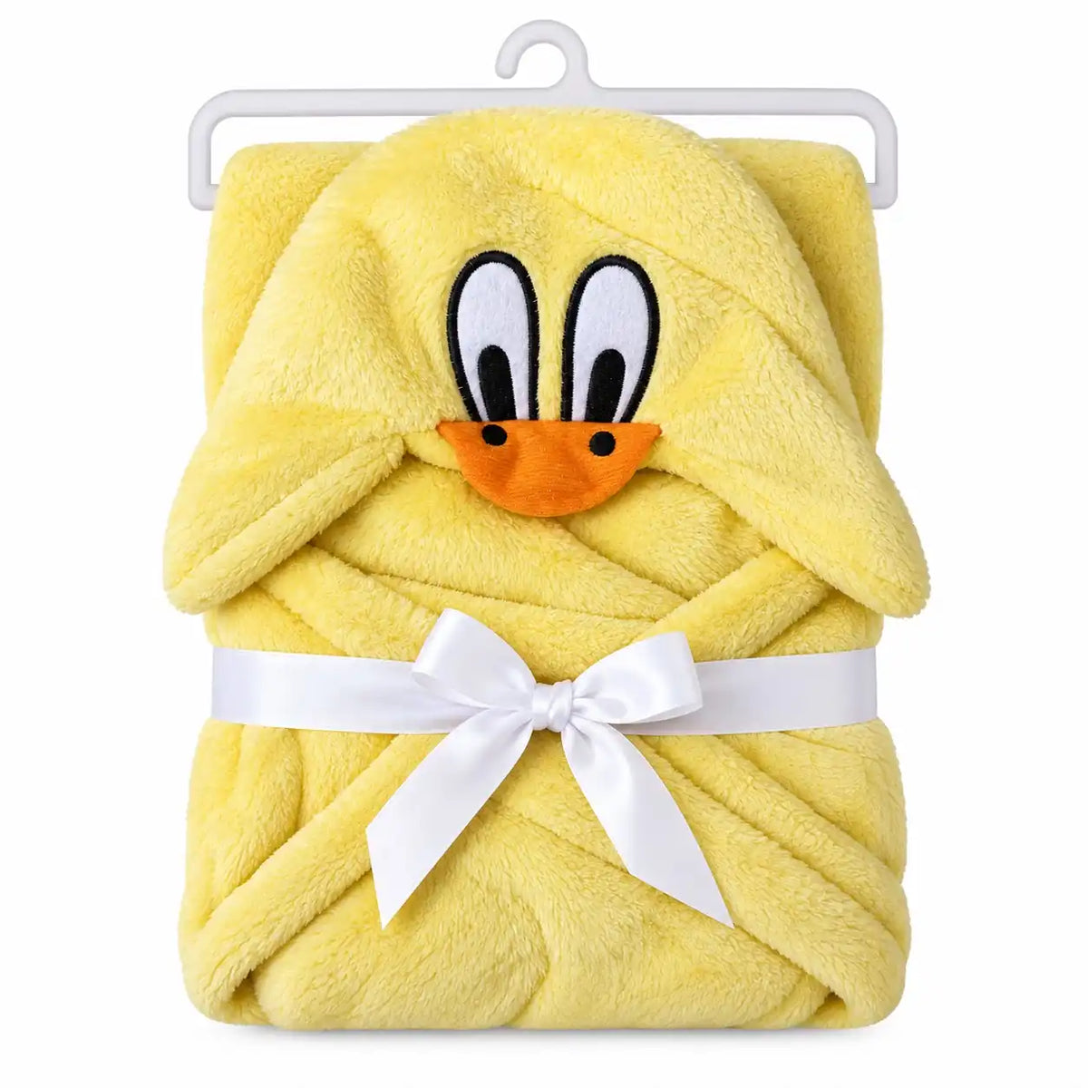 Yellow duck hooded baby wrap blanket with hanger