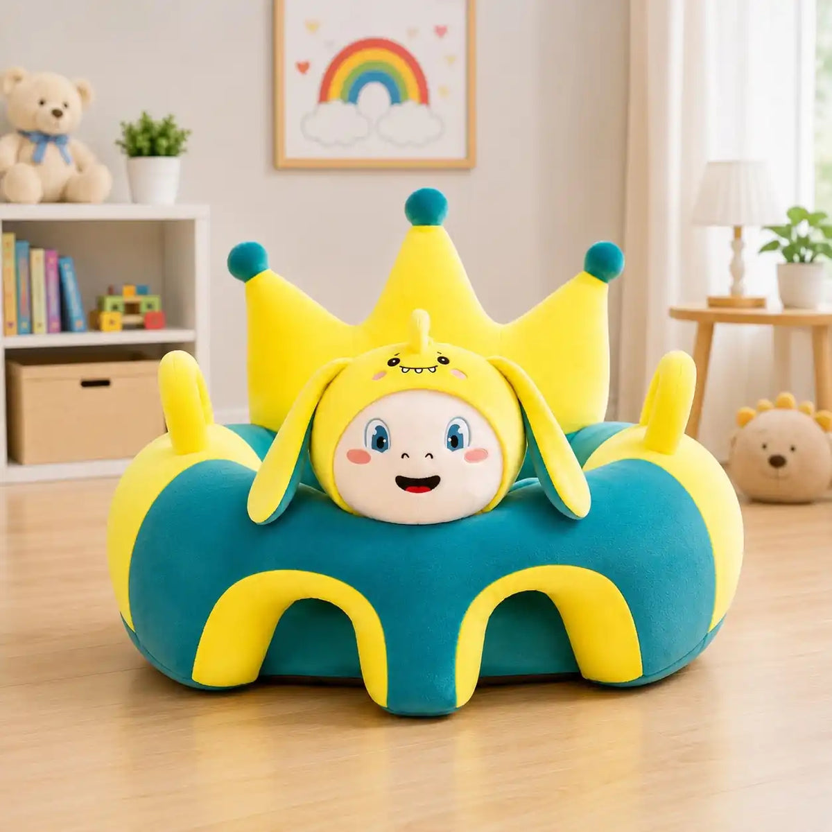 Light blue and grey crown baby sitting support sofa with cushioned backrest and plush character design